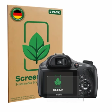 Parte frontal de un envase de producto con el logotipo de la marca ScreenLeaf. Al lado se muestra el dispositivo Sony Cyber-Sh