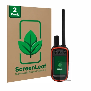 Parte frontal de un envase de producto con el logotipo de la marca ScreenLeaf. Al lado se muestra el dispositivo Garmin Alpha 