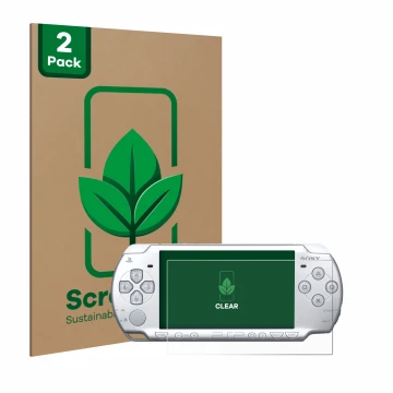 Parte frontal de un envase de producto con el logotipo de la marca ScreenLeaf. Al lado se muestra el dispositivo Sony PSP 2004
