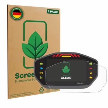 Parte frontal de un envase de producto con el logotipo de la marca ScreenLeaf. Al lado se muestra el dispositivo Ducati Monste