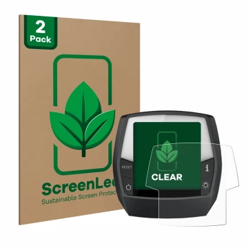 Parte frontal de un envase de producto con el logotipo de la marca ScreenLeaf. Al lado se muestra el dispositivo Bosch Intuvia