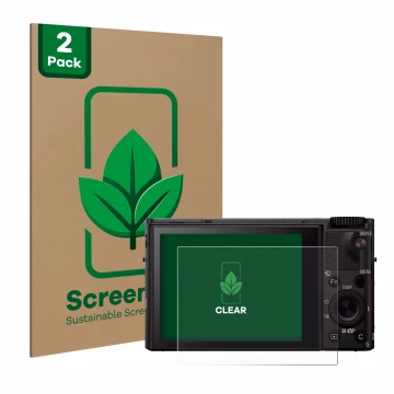Parte frontal de un envase de producto con el logotipo de la marca ScreenLeaf. Al lado se muestra el dispositivo Sony Cyber-Sh
