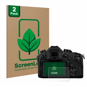 Parte frontal de un envase de producto con el logotipo de la marca ScreenLeaf. Al lado se muestra el dispositivo Panasonic Lum