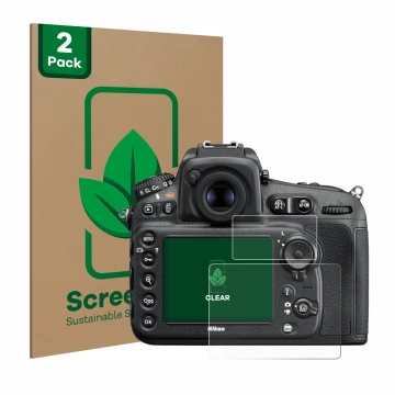 Parte frontal de un envase de producto con el logotipo de la marca ScreenLeaf. Al lado se muestra el dispositivo Nikon D810 co