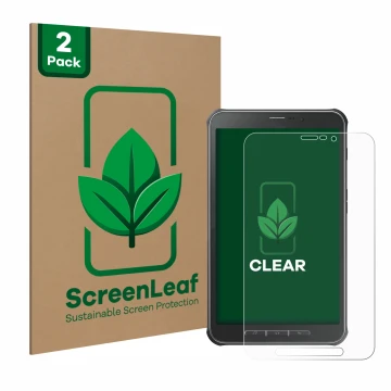 Parte frontal de un envase de producto con el logotipo de la marca ScreenLeaf. Al lado se muestra el dispositivo Samsung Galax