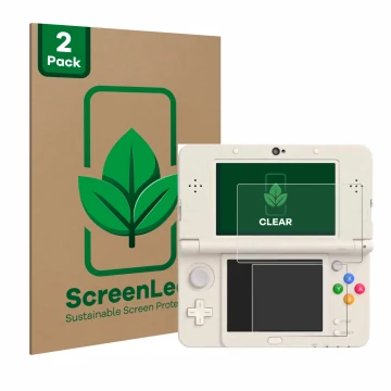 Parte frontal de un envase de producto con el logotipo de la marca ScreenLeaf. Al lado se muestra el dispositivo Nintendo New 