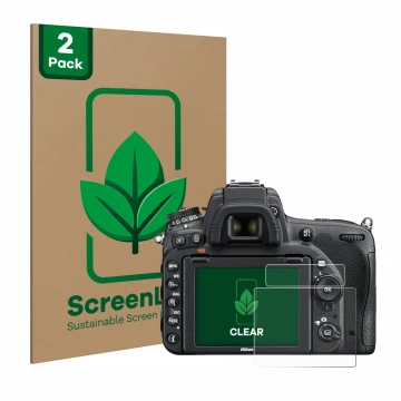 Parte frontal de un envase de producto con el logotipo de la marca ScreenLeaf. Al lado se muestra el dispositivo Nikon D750 co