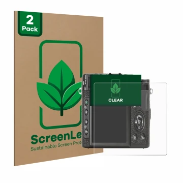 Parte frontal de un envase de producto con el logotipo de la marca ScreenLeaf. Al lado se muestra el dispositivo Fujifilm X10 