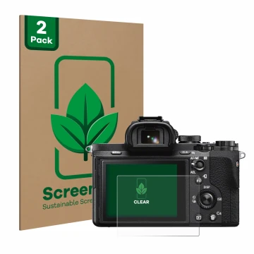 Parte frontal de un envase de producto con el logotipo de la marca ScreenLeaf. Al lado se muestra el dispositivo Sony Alpha 7 