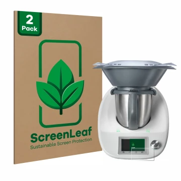 Parte frontal de un envase de producto con el logotipo de la marca ScreenLeaf. Al lado se muestra el dispositivo Vorwerk Therm