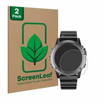 Parte frontal de un envase de producto con el logotipo de la marca ScreenLeaf. Al lado se muestra el dispositivo Garmin Fenix 