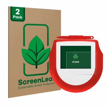 Parte frontal de un envase de producto con el logotipo de la marca ScreenLeaf. Al lado se muestra el dispositivo Signotec Sign