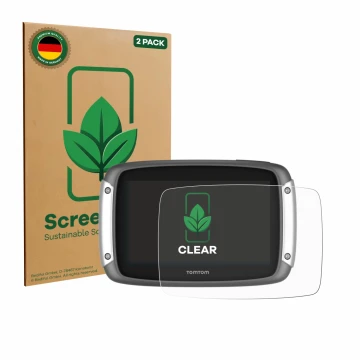 Parte frontal de un envase de producto con el logotipo de la marca ScreenLeaf. Al lado se muestra el dispositivo TomTom Rider 