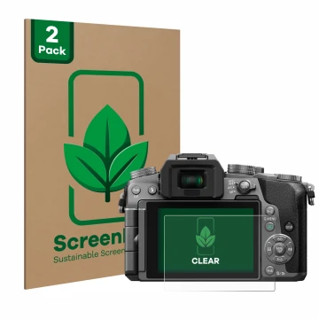 Parte frontal de un envase de producto con el logotipo de la marca ScreenLeaf. Al lado se muestra el dispositivo Panasonic Lum