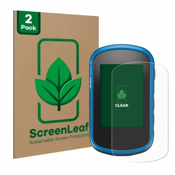 Parte frontal de un envase de producto con el logotipo de la marca ScreenLeaf. Al lado se muestra el dispositivo Garmin eTrex 