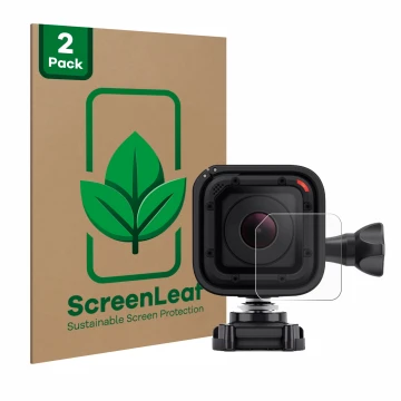 Parte frontal de un envase de producto con el logotipo de la marca ScreenLeaf. Al lado se muestra el dispositivo GoPro Hero 4 