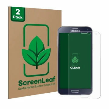 Parte frontal de un envase de producto con el logotipo de la marca ScreenLeaf. Al lado se muestra el dispositivo Samsung Galax