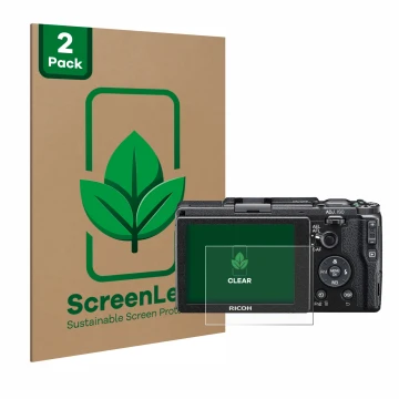 Parte frontal de un envase de producto con el logotipo de la marca ScreenLeaf. Al lado se muestra el dispositivo Ricoh GR II 2