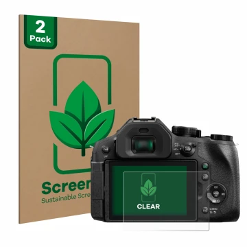 Parte frontal de un envase de producto con el logotipo de la marca ScreenLeaf. Al lado se muestra el dispositivo Panasonic Lum