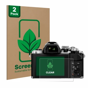 Parte frontal de un envase de producto con el logotipo de la marca ScreenLeaf. Al lado se muestra el dispositivo Olympus OM-D 