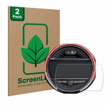 Parte frontal de un envase de producto con el logotipo de la marca ScreenLeaf. Al lado se muestra el dispositivo Mini Cooper R