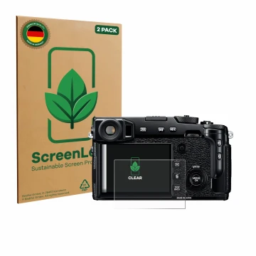 Parte frontal de un envase de producto con el logotipo de la marca ScreenLeaf. Al lado se muestra el dispositivo Fujifilm X-Pr