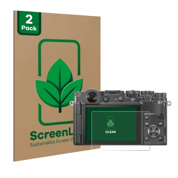 Parte frontal de un envase de producto con el logotipo de la marca ScreenLeaf. Al lado se muestra el dispositivo Olympus PEN-F