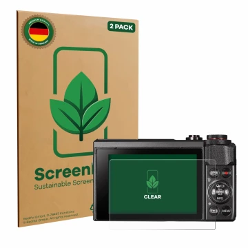 Parte frontal de un envase de producto con el logotipo de la marca ScreenLeaf. Al lado se muestra el dispositivo Canon PowerSh