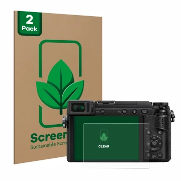 Parte frontal de un envase de producto con el logotipo de la marca ScreenLeaf. Al lado se muestra el dispositivo Panasonic Lum