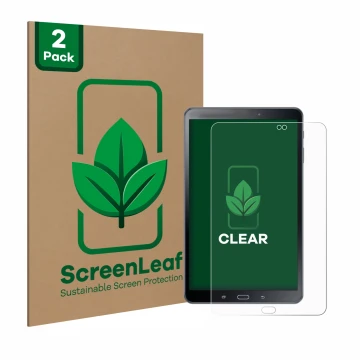 Parte frontal de un envase de producto con el logotipo de la marca ScreenLeaf. Al lado se muestra el dispositivo Samsung Galax