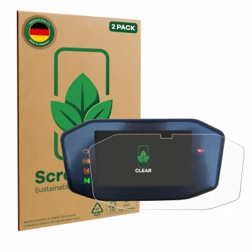 Parte frontal de un envase de producto con el logotipo de la marca ScreenLeaf. Al lado se muestra el dispositivo KTM 690 Duke 