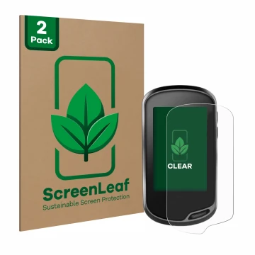 Parte frontal de un envase de producto con el logotipo de la marca ScreenLeaf. Al lado se muestra el dispositivo Garmin Oregon