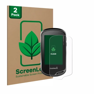 Parte frontal de un envase de producto con el logotipo de la marca ScreenLeaf. Al lado se muestra el dispositivo Garmin Oregon