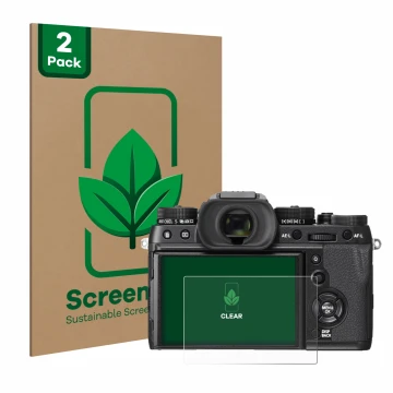 Parte frontal de un envase de producto con el logotipo de la marca ScreenLeaf. Al lado se muestra el dispositivo Fujifilm X-T2