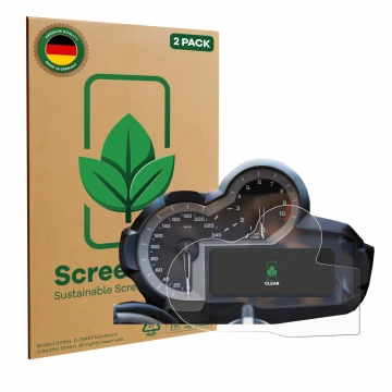 Parte frontal de un envase de producto con el logotipo de la marca ScreenLeaf. Al lado se muestra el dispositivo BMW R 1200 GS