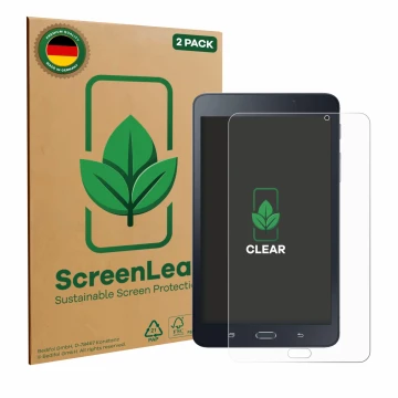 Parte frontal de un envase de producto con el logotipo de la marca ScreenLeaf. Al lado se muestra el dispositivo Samsung Galax