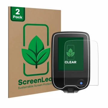 Parte frontal de un envase de producto con el logotipo de la marca ScreenLeaf. Al lado se muestra el dispositivo Freestyle Lib