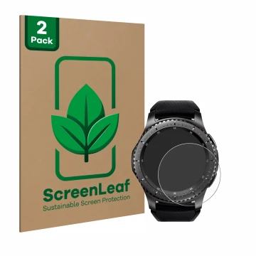 Parte frontal de un envase de producto con el logotipo de la marca ScreenLeaf. Al lado se muestra el dispositivo Samsung Gear 