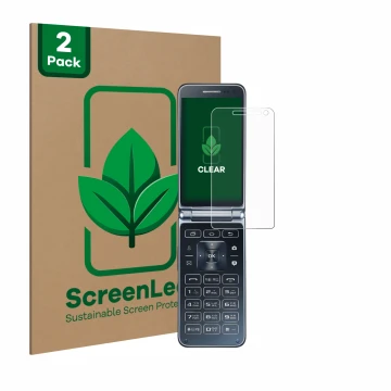 Parte frontal de un envase de producto con el logotipo de la marca ScreenLeaf. Al lado se muestra el dispositivo Samsung Galax