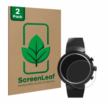 Parte frontal de un envase de producto con el logotipo de la marca ScreenLeaf. Al lado se muestra el dispositivo ASUS ZenWatch