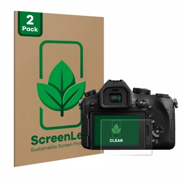 Parte frontal de un envase de producto con el logotipo de la marca ScreenLeaf. Al lado se muestra el dispositivo Panasonic Lum