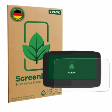 Parte frontal de un envase de producto con el logotipo de la marca ScreenLeaf. Al lado se muestra el dispositivo TomTom GO 620