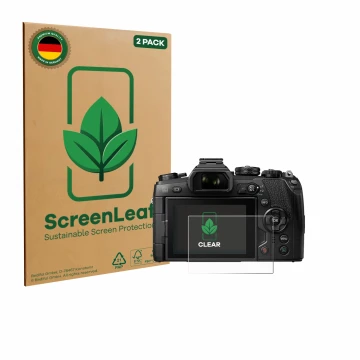 Parte frontal de un envase de producto con el logotipo de la marca ScreenLeaf. Al lado se muestra el dispositivo Olympus OM-D 