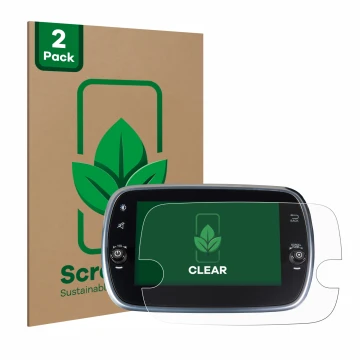 Parte frontal de un envase de producto con el logotipo de la marca ScreenLeaf. Al lado se muestra el dispositivo Fiat 500 Abar