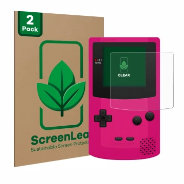 Parte frontal de un envase de producto con el logotipo de la marca ScreenLeaf. Al lado se muestra el dispositivo Nintendo Game