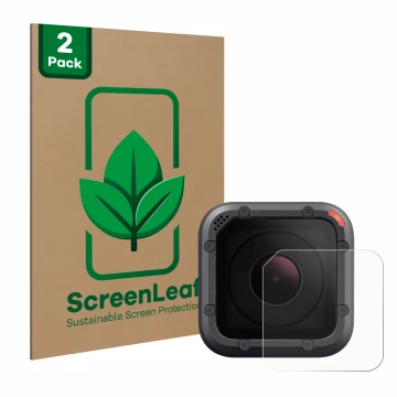 Parte frontal de un envase de producto con el logotipo de la marca ScreenLeaf. Al lado se muestra el dispositivo GoPro Hero 5 