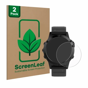 Parte frontal de un envase de producto con el logotipo de la marca ScreenLeaf. Al lado se muestra el dispositivo Garmin Fenix 