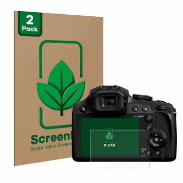 Parte frontal de un envase de producto con el logotipo de la marca ScreenLeaf. Al lado se muestra el dispositivo Panasonic Lum
