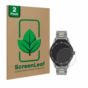 Parte frontal de un envase de producto con el logotipo de la marca ScreenLeaf. Al lado se muestra el dispositivo TAG Heuer Con
