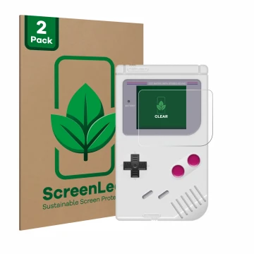 Parte frontal de un envase de producto con el logotipo de la marca ScreenLeaf. Al lado se muestra el dispositivo Nintendo Game